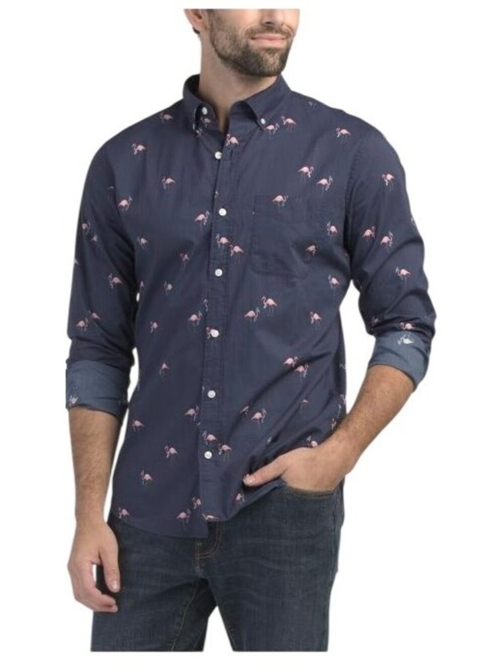 Bonobos Mens Navy Blue Flamingo Print Slim Fit Stretch Button Up Shirt Sz L New